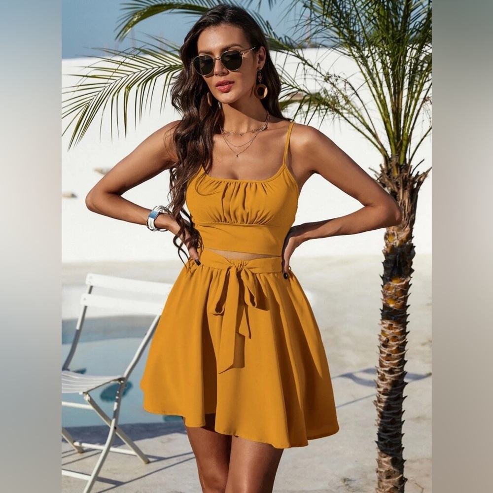 Two-Piece Skirt Set - Crop Cami Top & Tie Front Skirt Outfit & Backless Design - Picture 3 of 12
